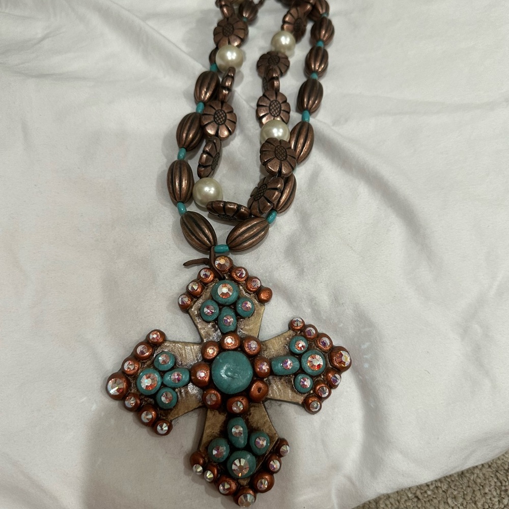 Turquoise and Bronze Floral Cross Necklace